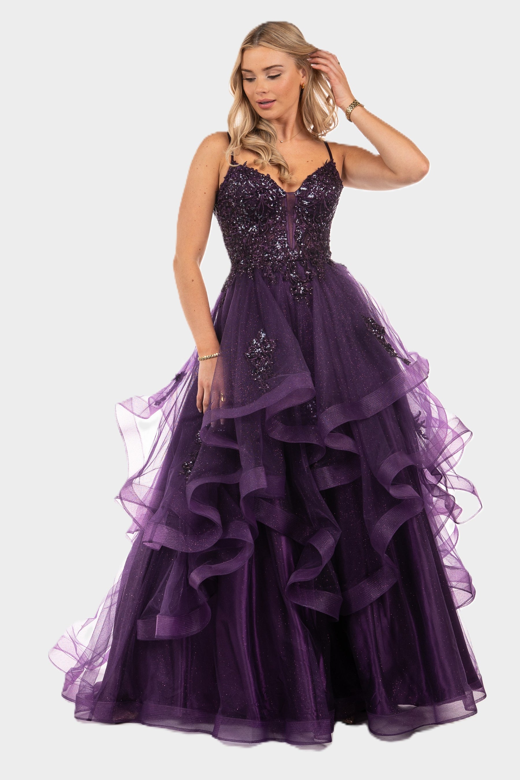 Corset Back Sequin & Embroidered Layered Tulle Ball Gown