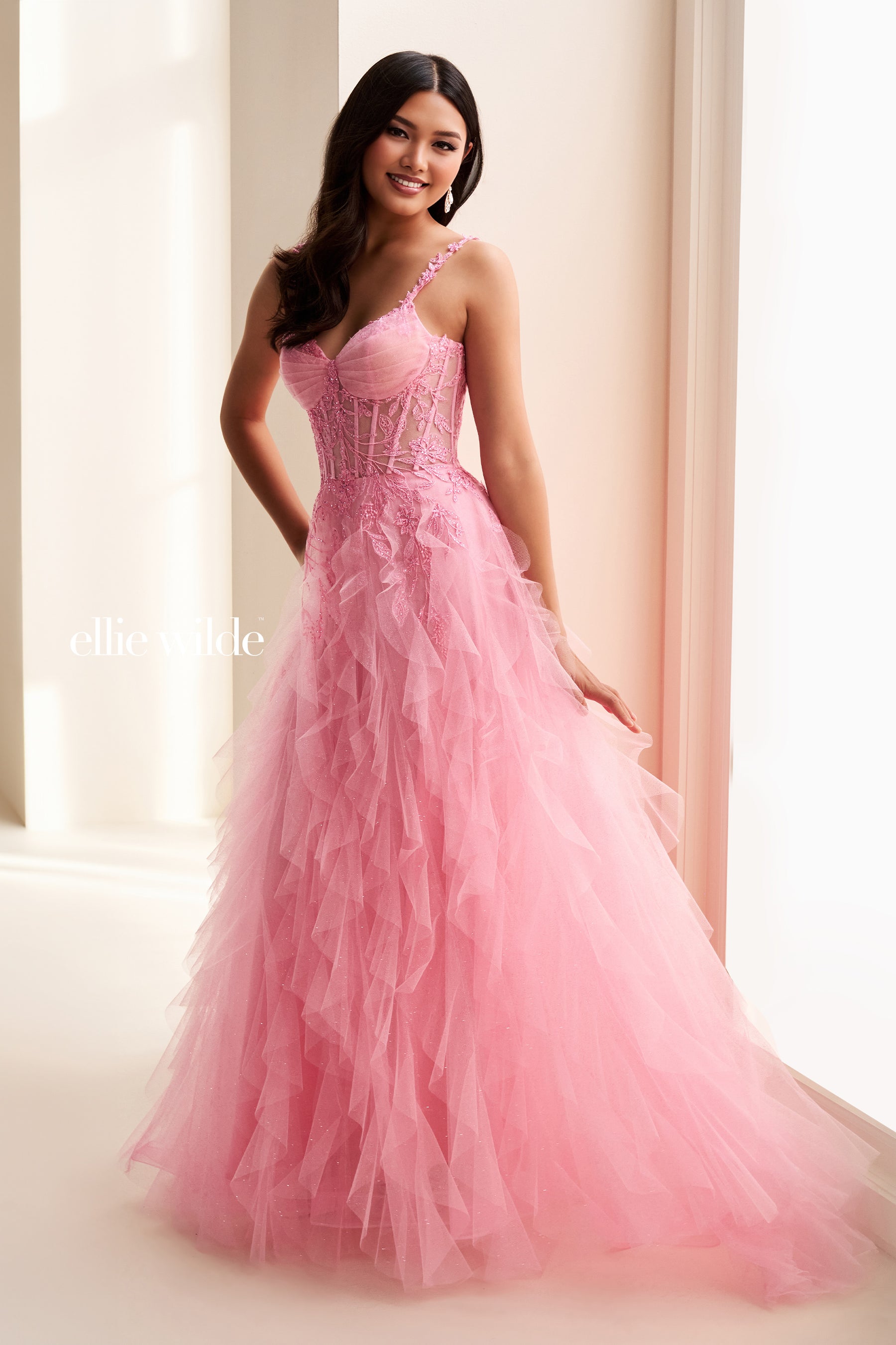 Corset Bodice Ball Gown with Cascading Glitter Tulle Ruffles