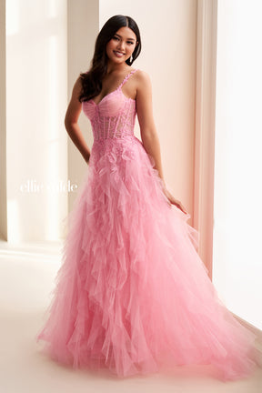 Corset Bodice Ball Gown with Cascading Glitter Tulle Ruffles