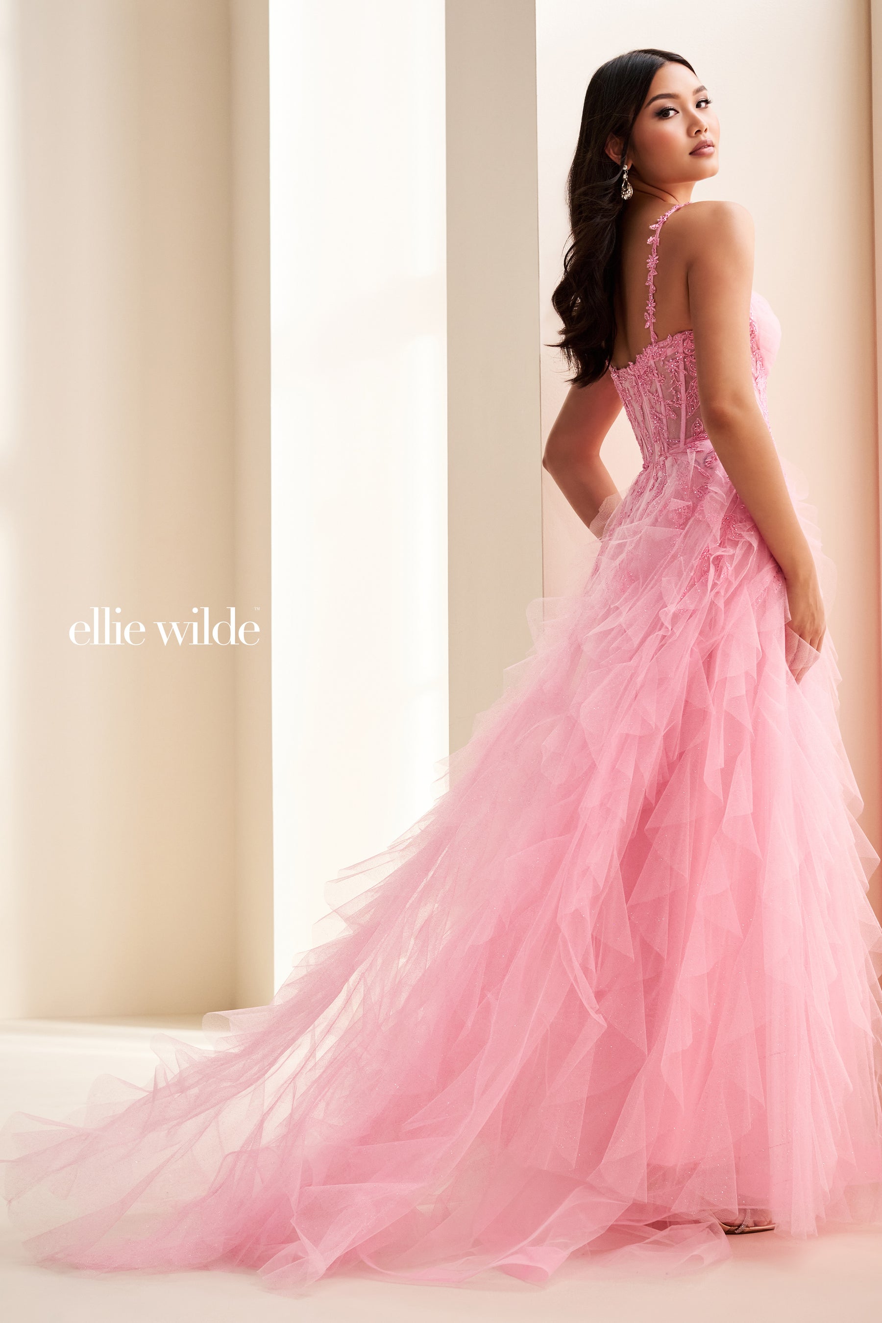 Corset Bodice Ball Gown with Cascading Glitter Tulle Ruffles