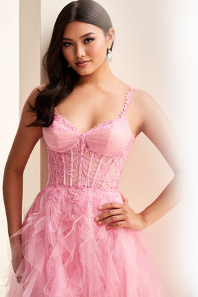 Corset Bodice Ball Gown with Cascading Glitter Tulle Ruffles