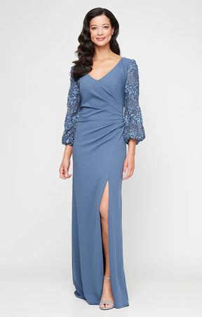 Crepe V-Neck Dress with Soutache Illusion Sleeves