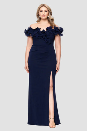 Curvy Anya Crepe and Chiffon Ruffled Off Shoulder Dress