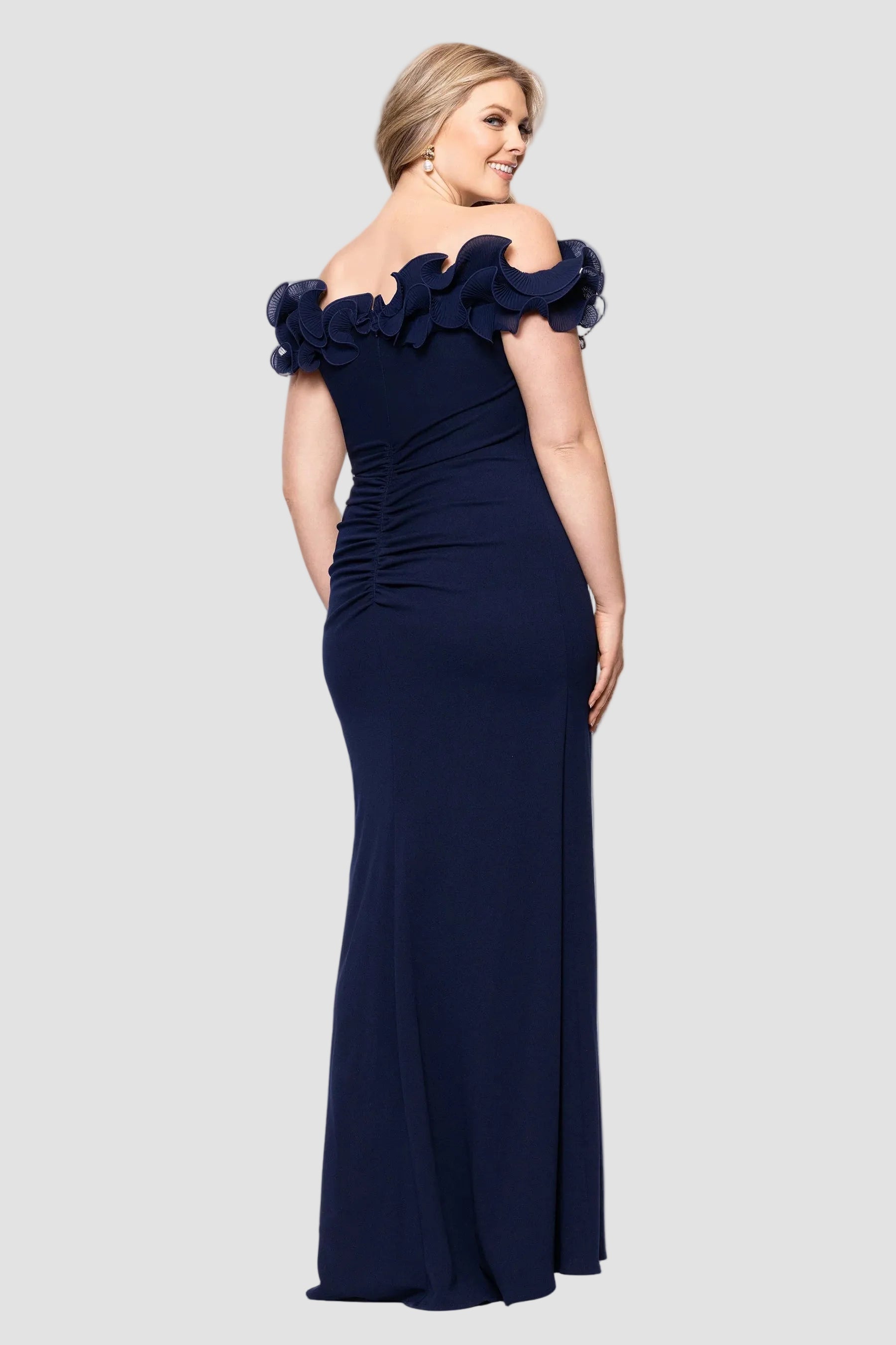 Curvy Anya Crepe and Chiffon Ruffled Off Shoulder Dress