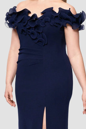 Curvy Anya Crepe and Chiffon Ruffled Off Shoulder Dress