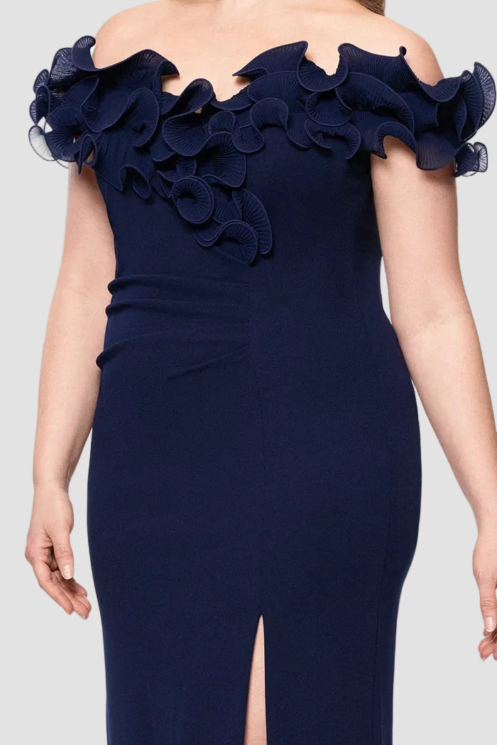 Curvy Anya Crepe and Chiffon Ruffled Off Shoulder Dress