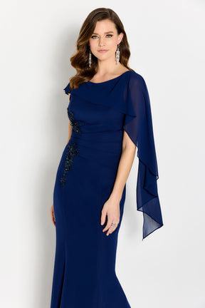 Curvy Asymmetrical Cape Gown with Bead Accents