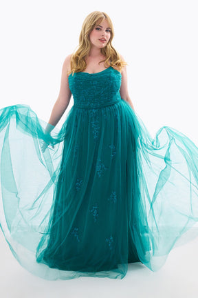 Curvy Bead Applique Pleated Tulle Gown