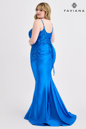 Curvy Beaded Lace Applique Satin Gown