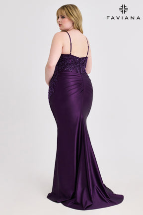 Curvy Beaded & Pleated V-Neck Stretch Satin Gown