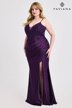 Curvy Beaded & Pleated V-Neck Stretch Satin Gown