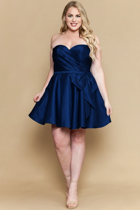 Curvy Bow Accent Pleated Strapless Short Taffeta Dress