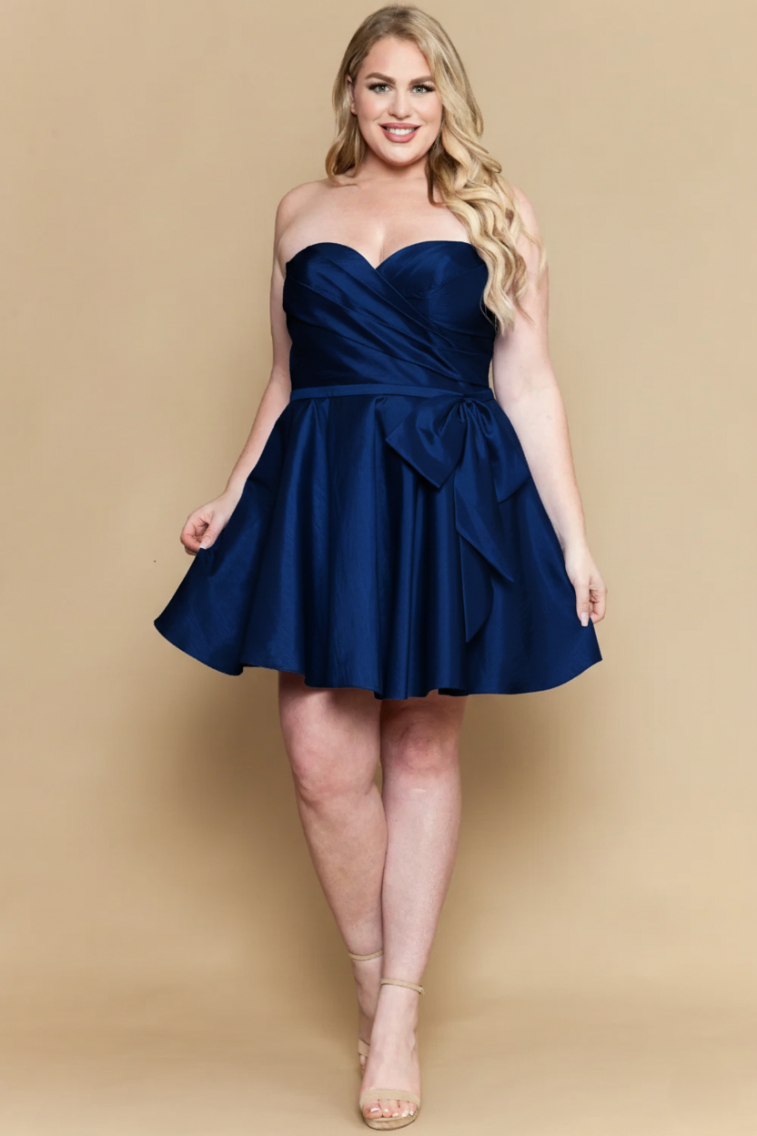 Curvy Bow Accent Pleated Strapless Short Taffeta Dress