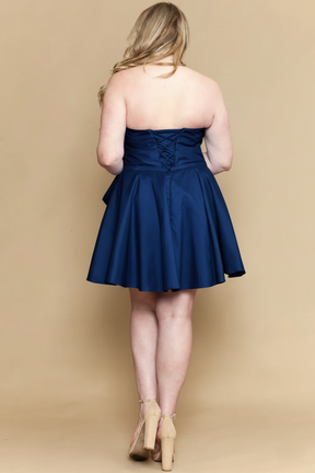 Curvy Bow Accent Pleated Strapless Short Taffeta Dress