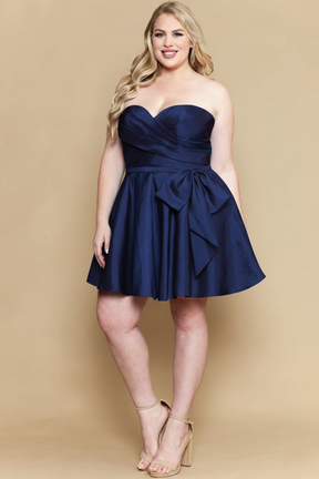 Curvy Bow Accent Pleated Strapless Short Taffeta Dress