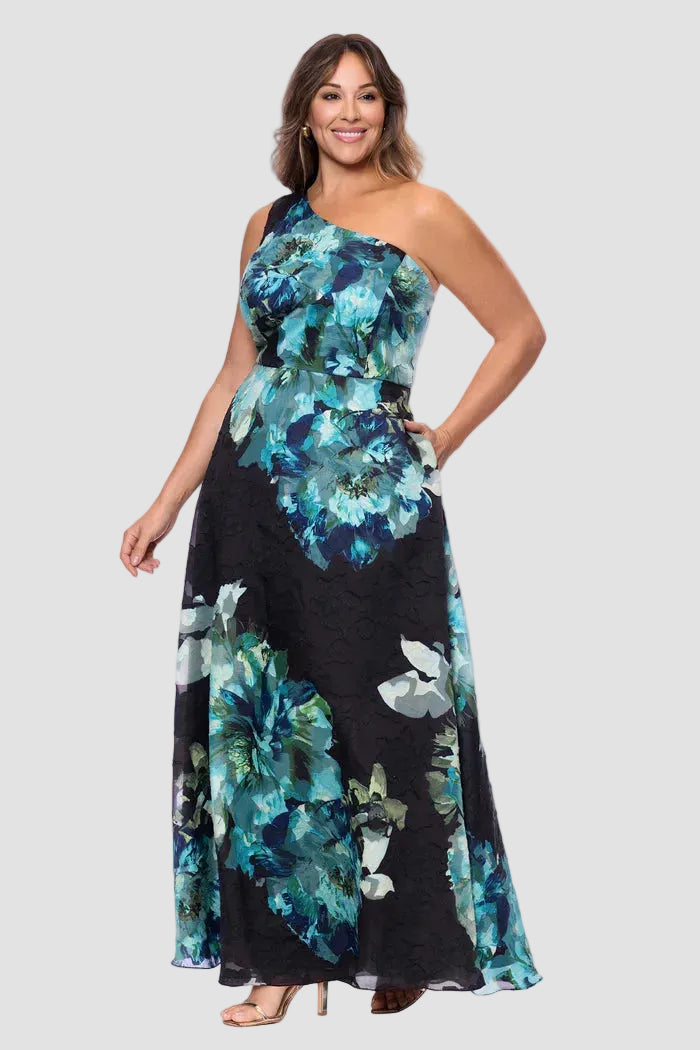 Curvy Carli Organza Jacquard One Shoulder Gown