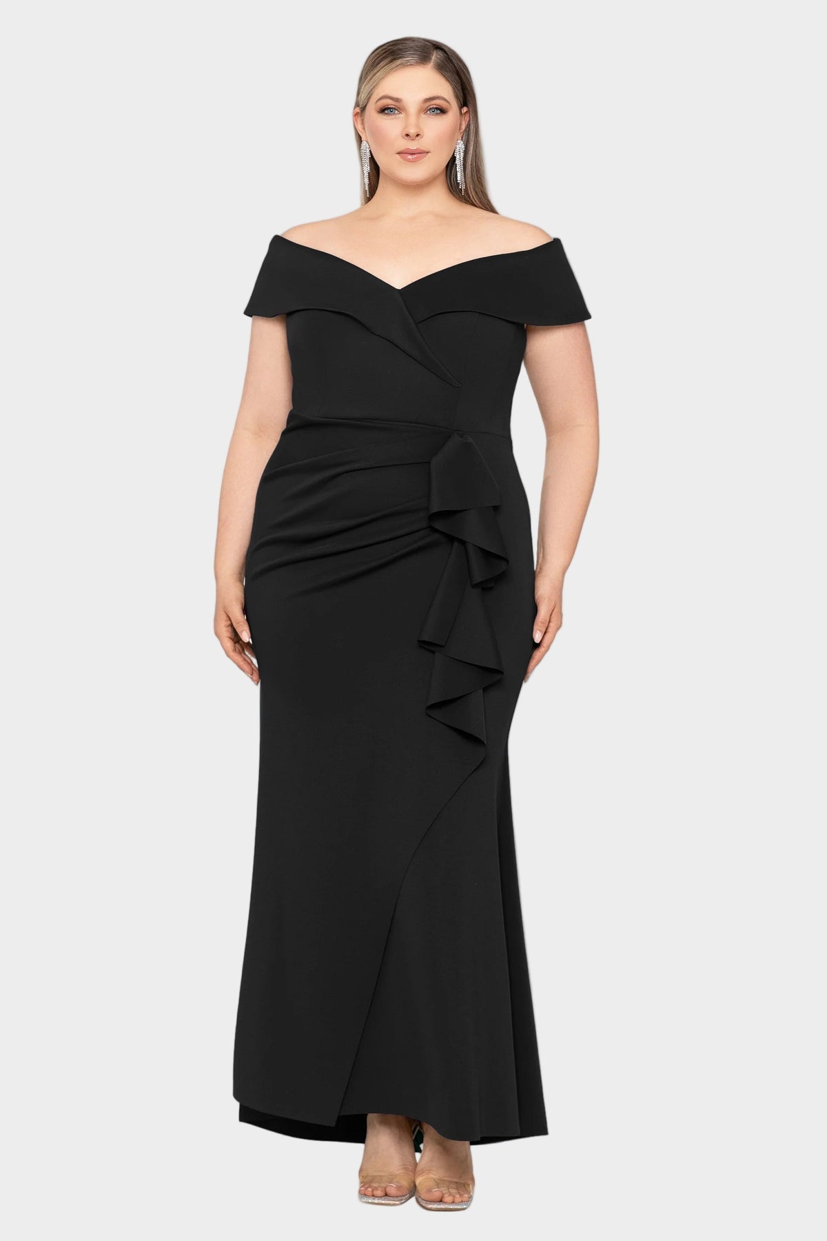 Curvy Patti Off Shoulder Ruffle Front Gown