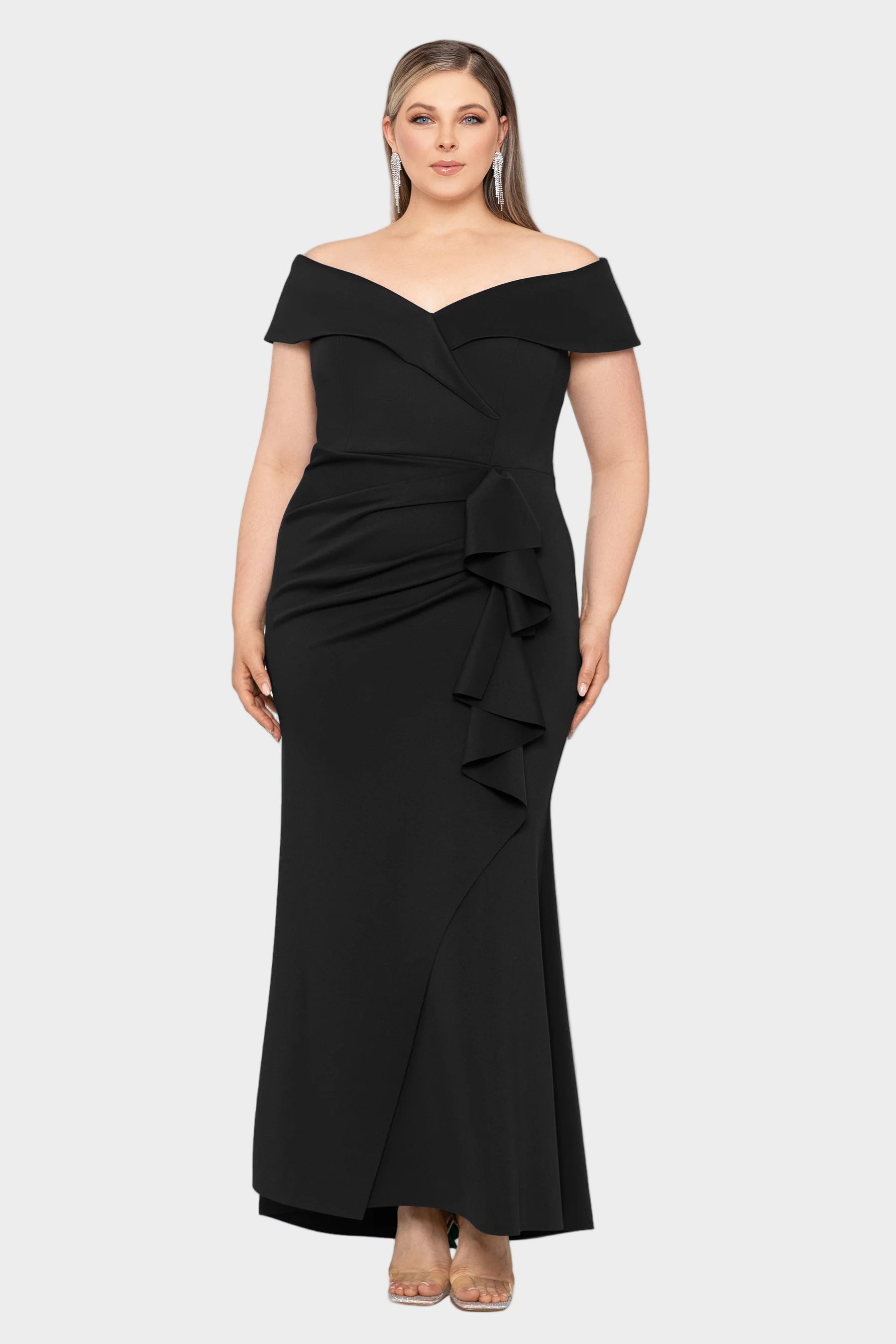 Curvy Patti Off Shoulder Ruffle Front Gown