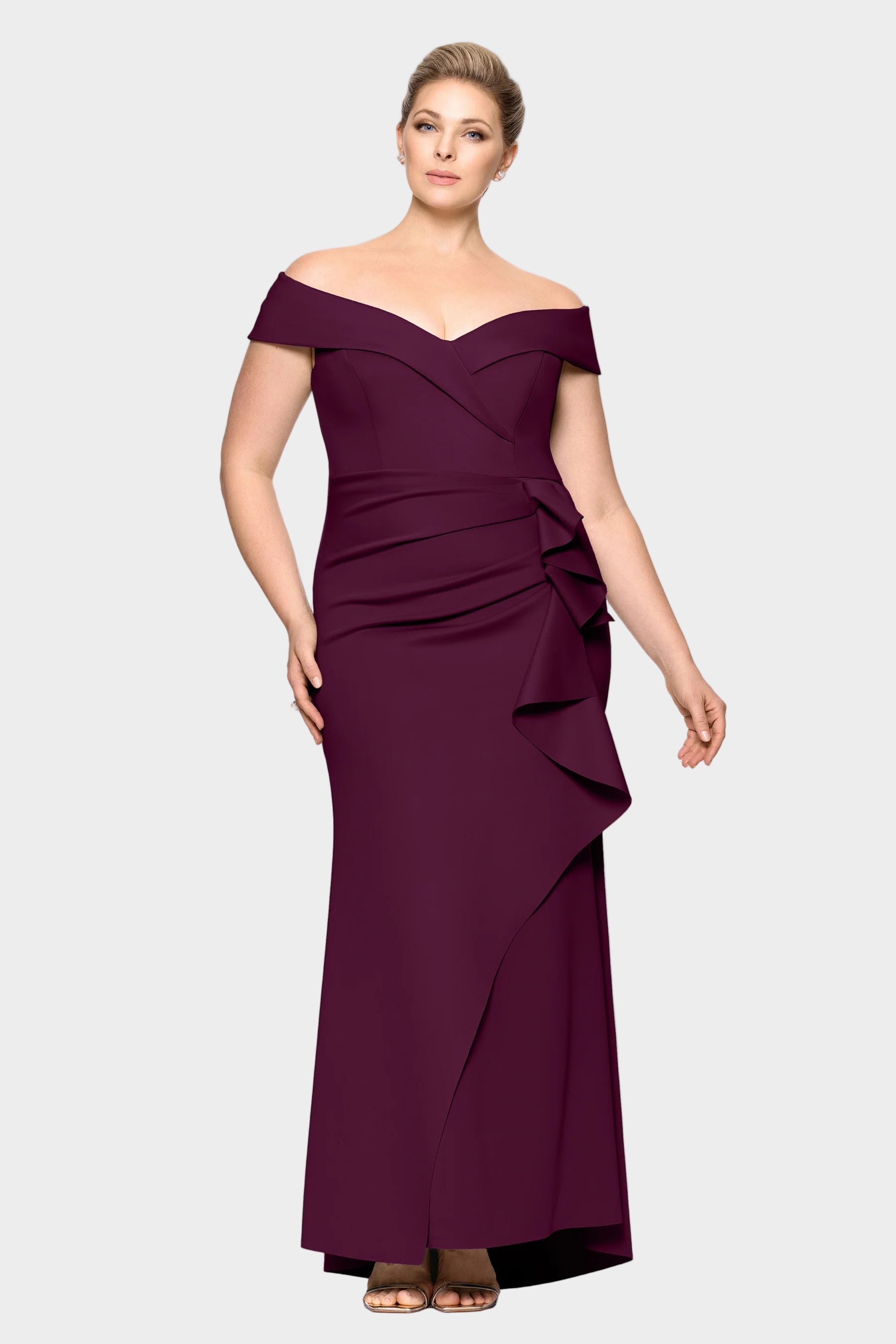 Curvy Patti Off Shoulder Ruffle Front Gown