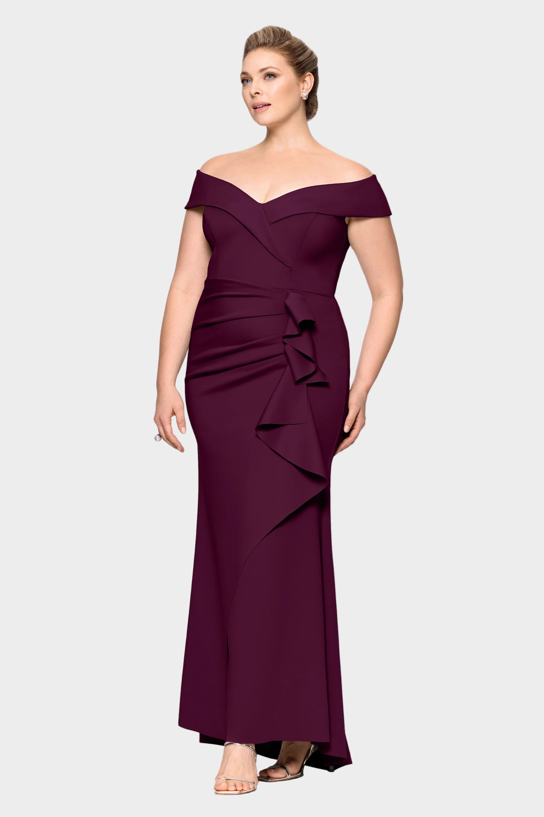 Curvy Patti Off Shoulder Ruffle Front Gown