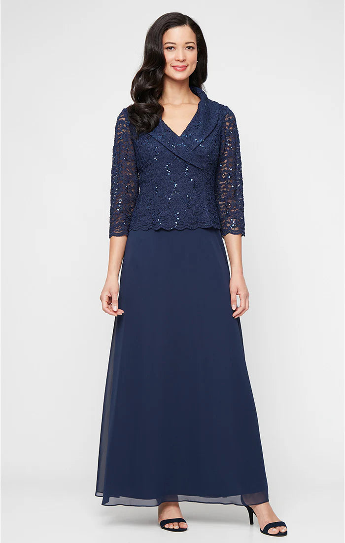 Curvy Portrait Collar Lace and Chiffon Long A-Line Dress
