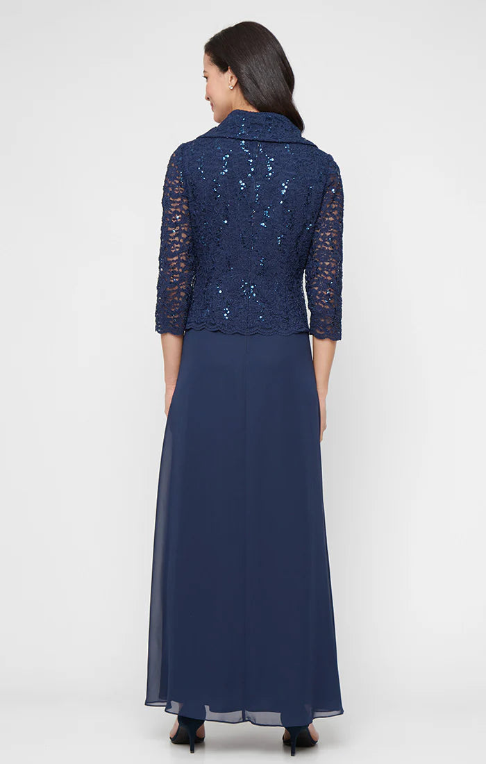 Curvy Portrait Collar Lace and Chiffon Long A-Line Dress