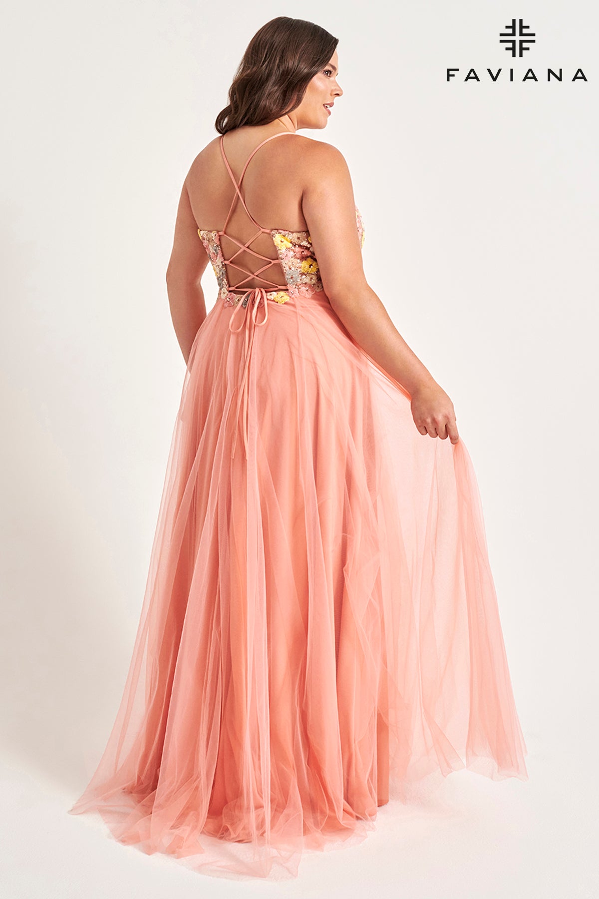 Curvy Size Floral Sequin Flowy Tulle Gown