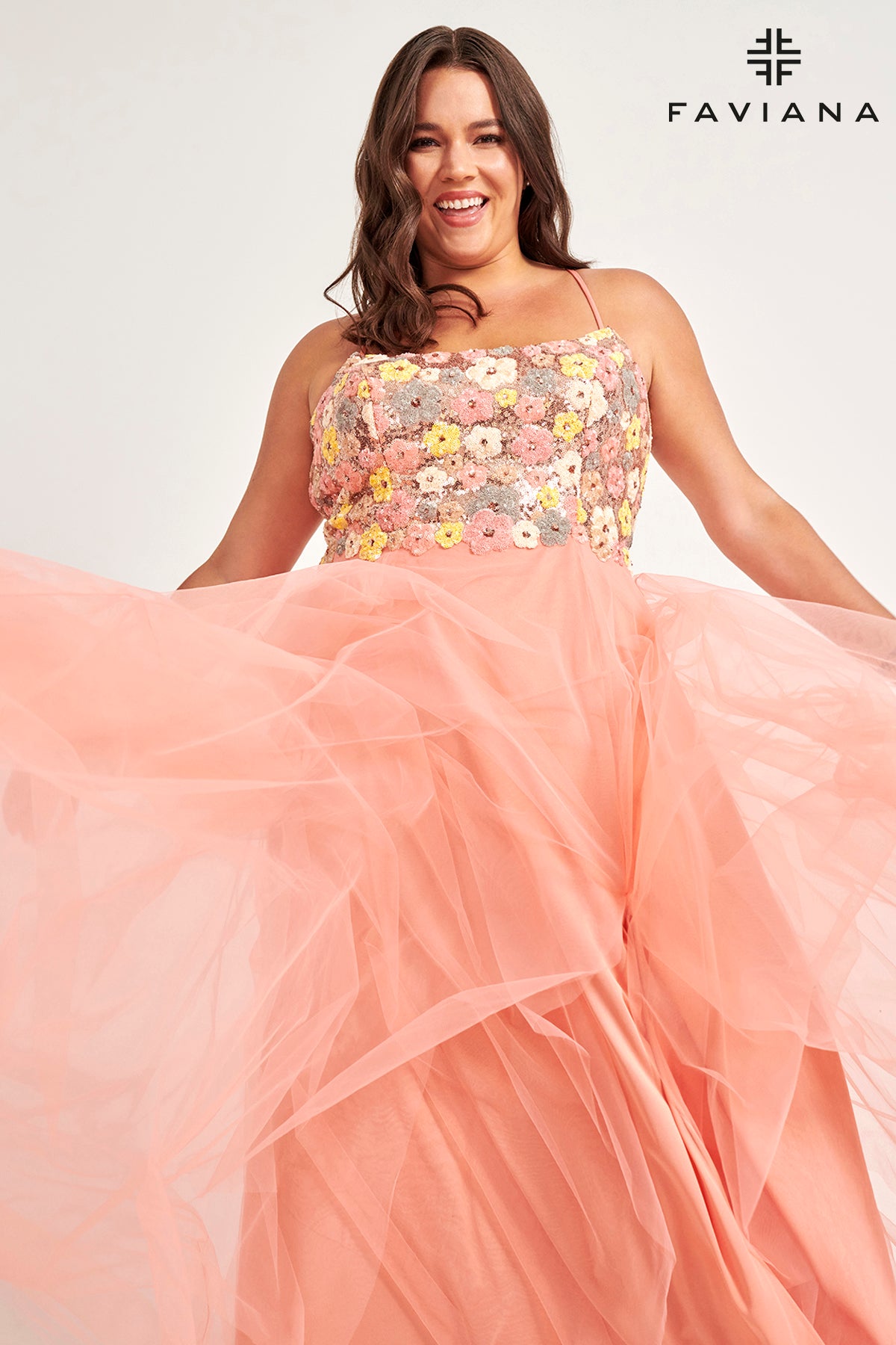 Curvy Size Floral Sequin Flowy Tulle Gown