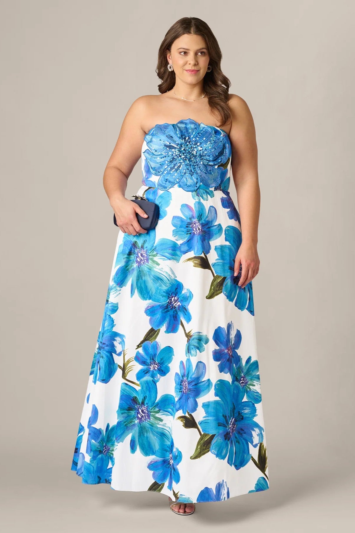 Curvy Strapless 3D Floral Beaded Dupioni Gown