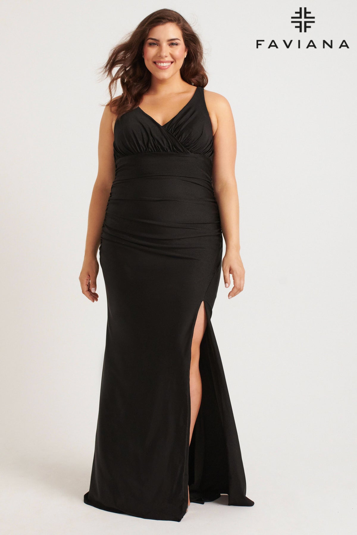 Curvy V-Neck Gown with Ruching Detail