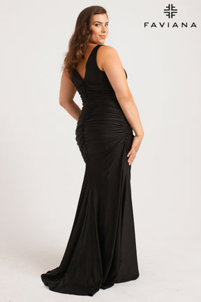 Curvy V-Neck Gown with Ruching Detail