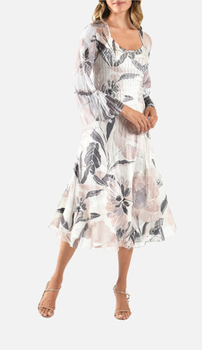 Desert Flora Tiered Diagonal Dress with Fluted Sleeves