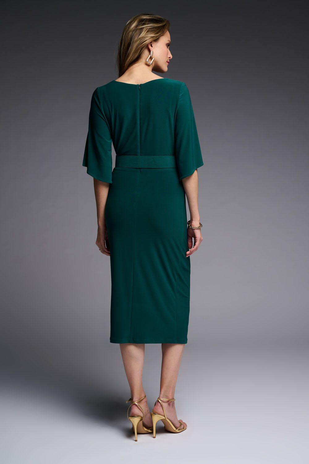 Drape Neck Ruched Dress With Jewel Belt Buckle