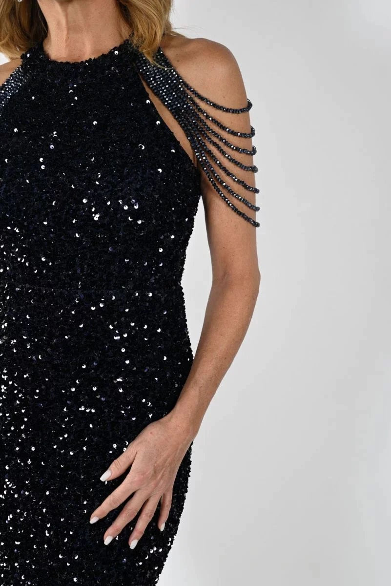 Draped Bead Detail Sequin Halter Dress