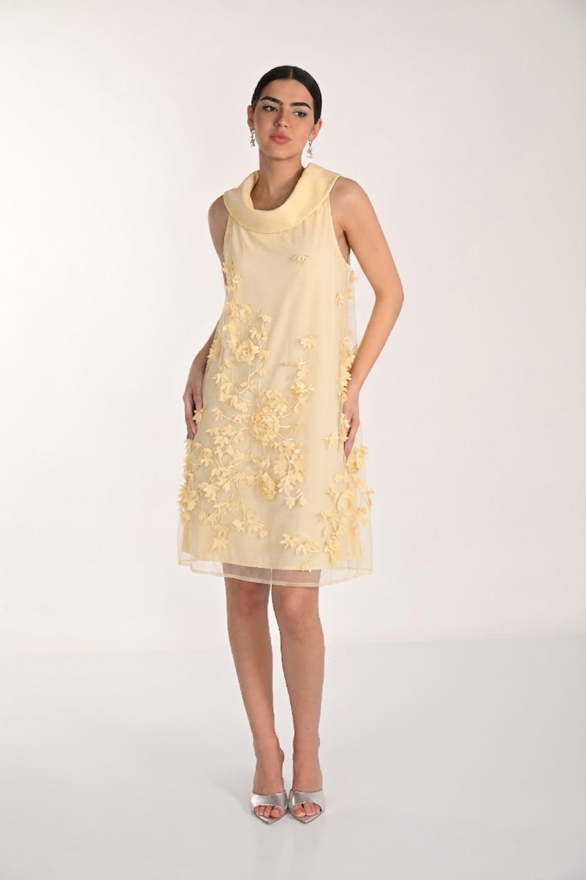 Draped Neck Dress with Illusion 3D Flowers
