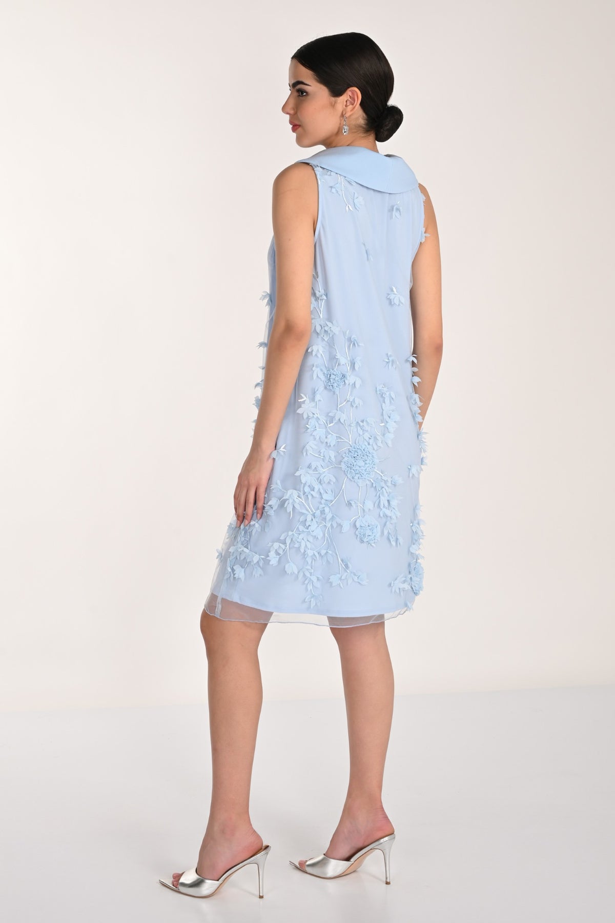 Draped Neck Dress with Illusion 3D Flowers