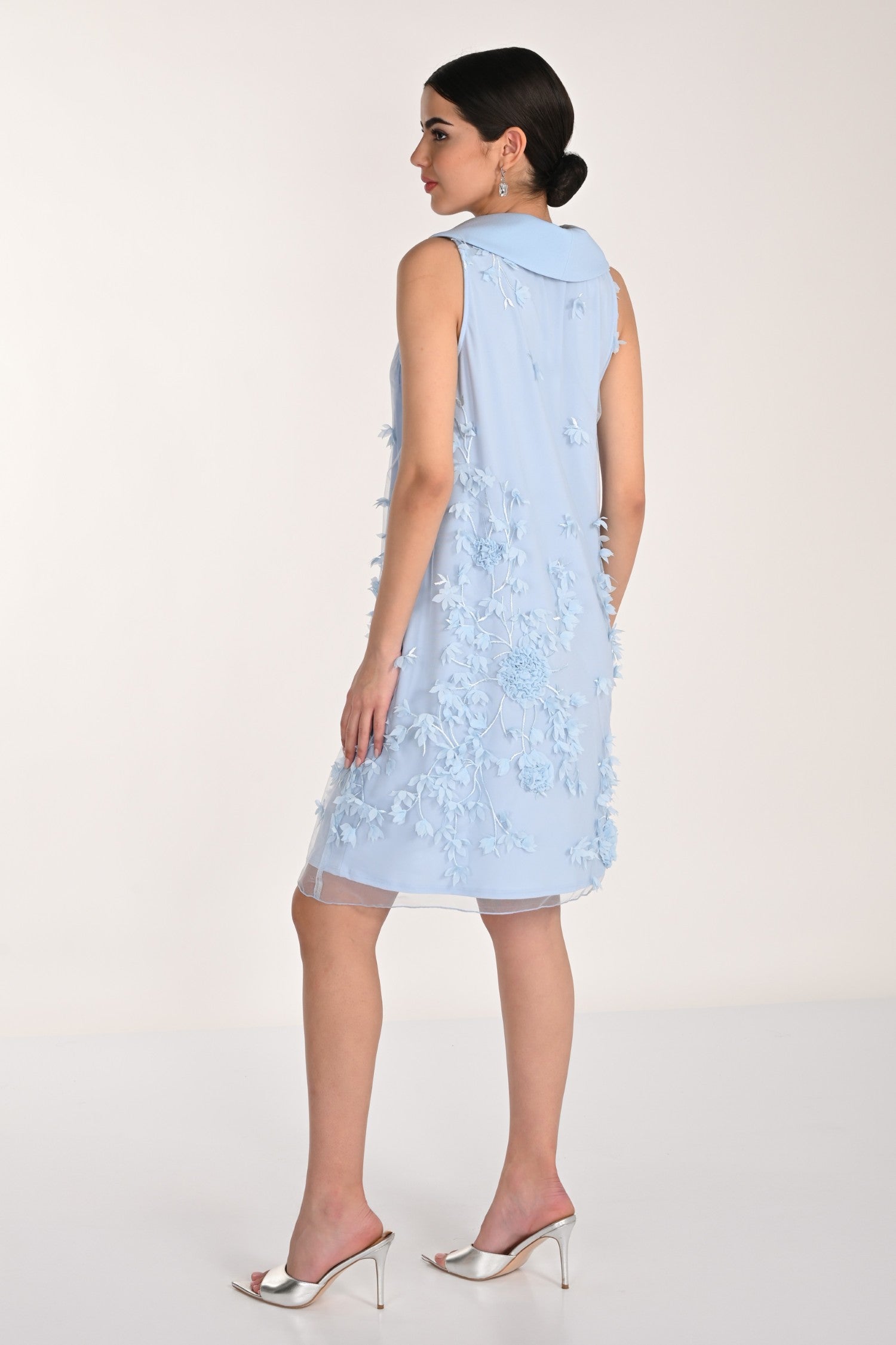Draped Neck Dress with Illusion 3D Flowers