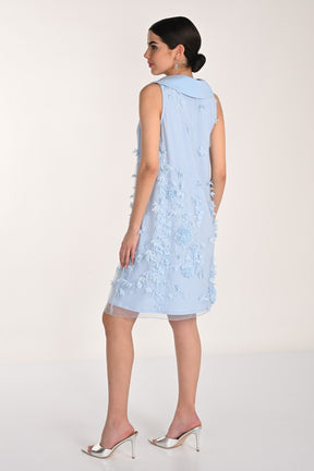 Draped Neck Dress with Illusion 3D Flowers