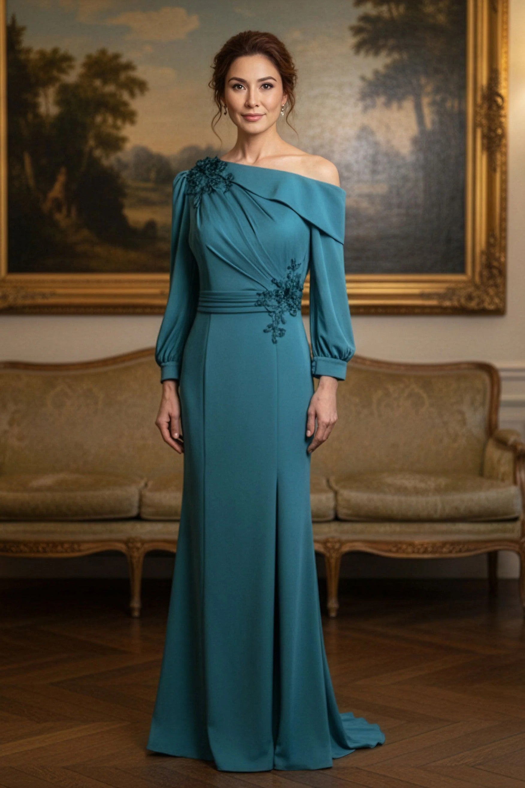 Draped One Shoulder Long Sleeved Gown with Beaded Applique