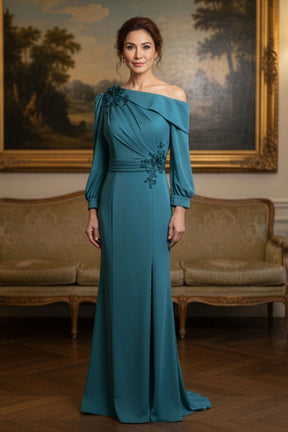 Draped One Shoulder Long Sleeved Gown with Beaded Applique