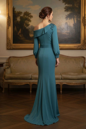 Draped One Shoulder Long Sleeved Gown with Beaded Applique