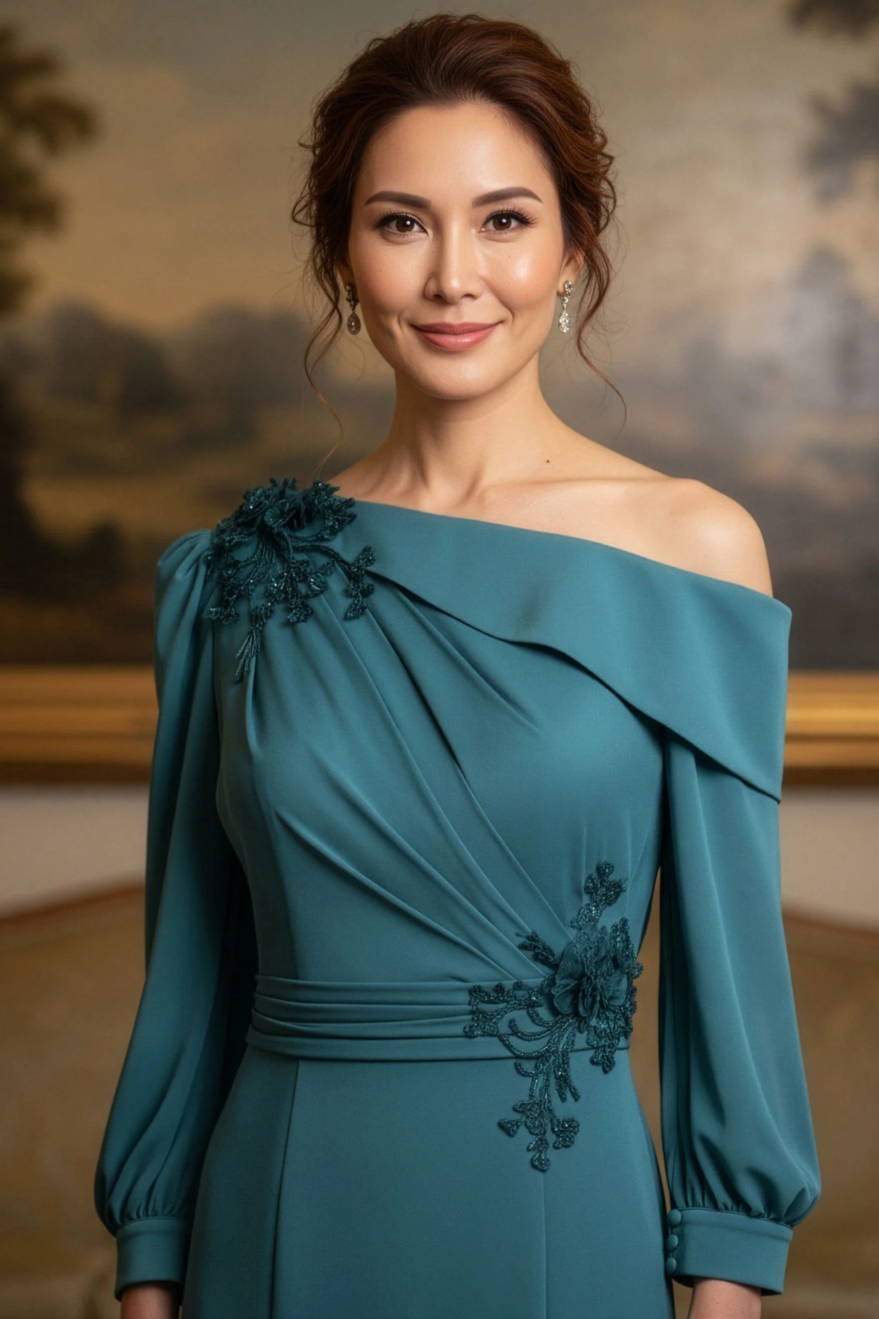 Draped One Shoulder Long Sleeved Gown with Beaded Applique