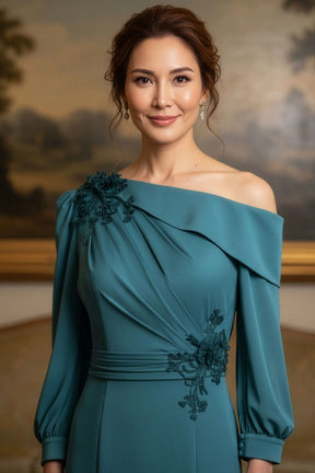 Draped One Shoulder Long Sleeved Gown with Beaded Applique