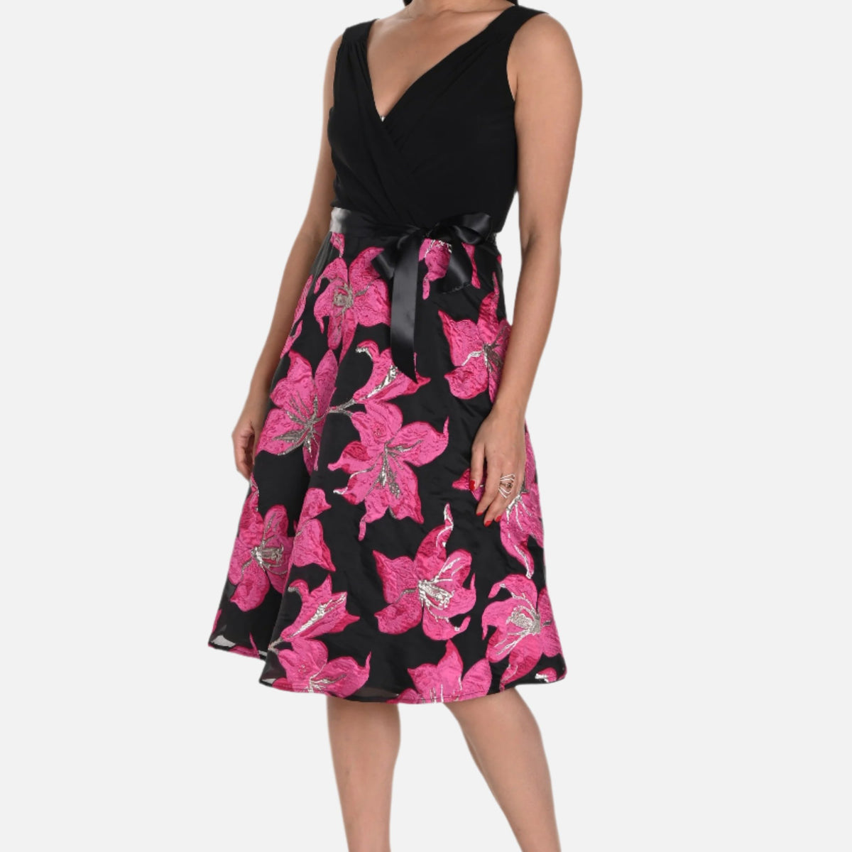 Elegant Floral Jacquard Dress With Sash | Lizzy's by Cathy Allan