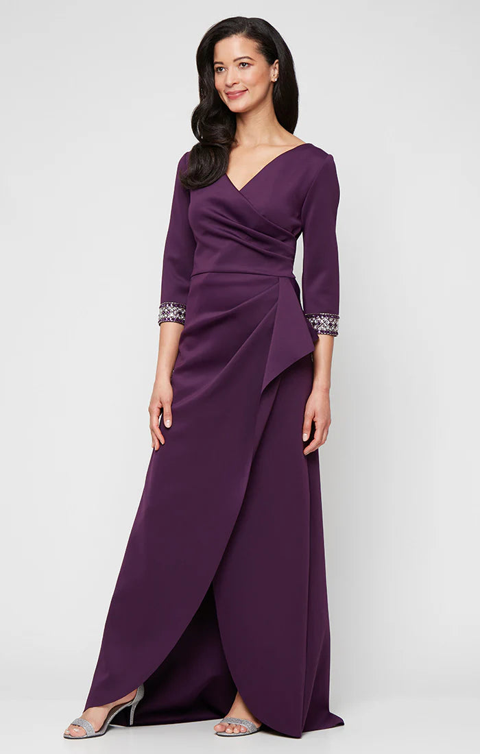 Embellished Sleeve Stretch Scuba Crepe Long Dress with Tulip Overlay