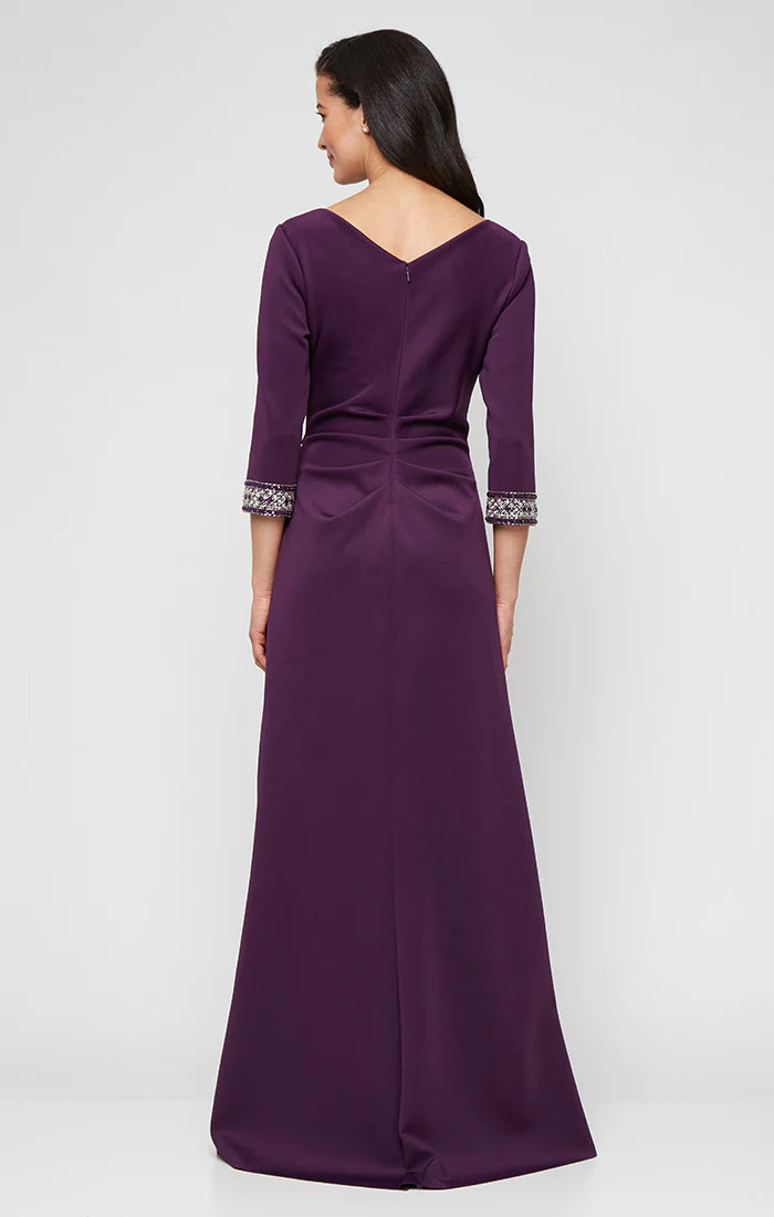 Embellished Sleeve Stretch Scuba Crepe Long Dress with Tulip Overlay