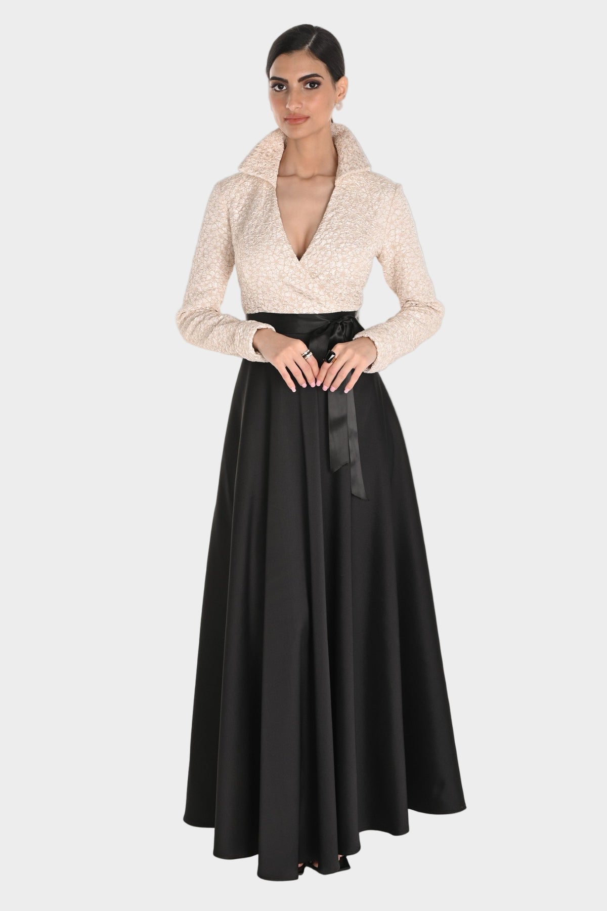 Embossed V-Neck Collared Gown with Mikado Skirt