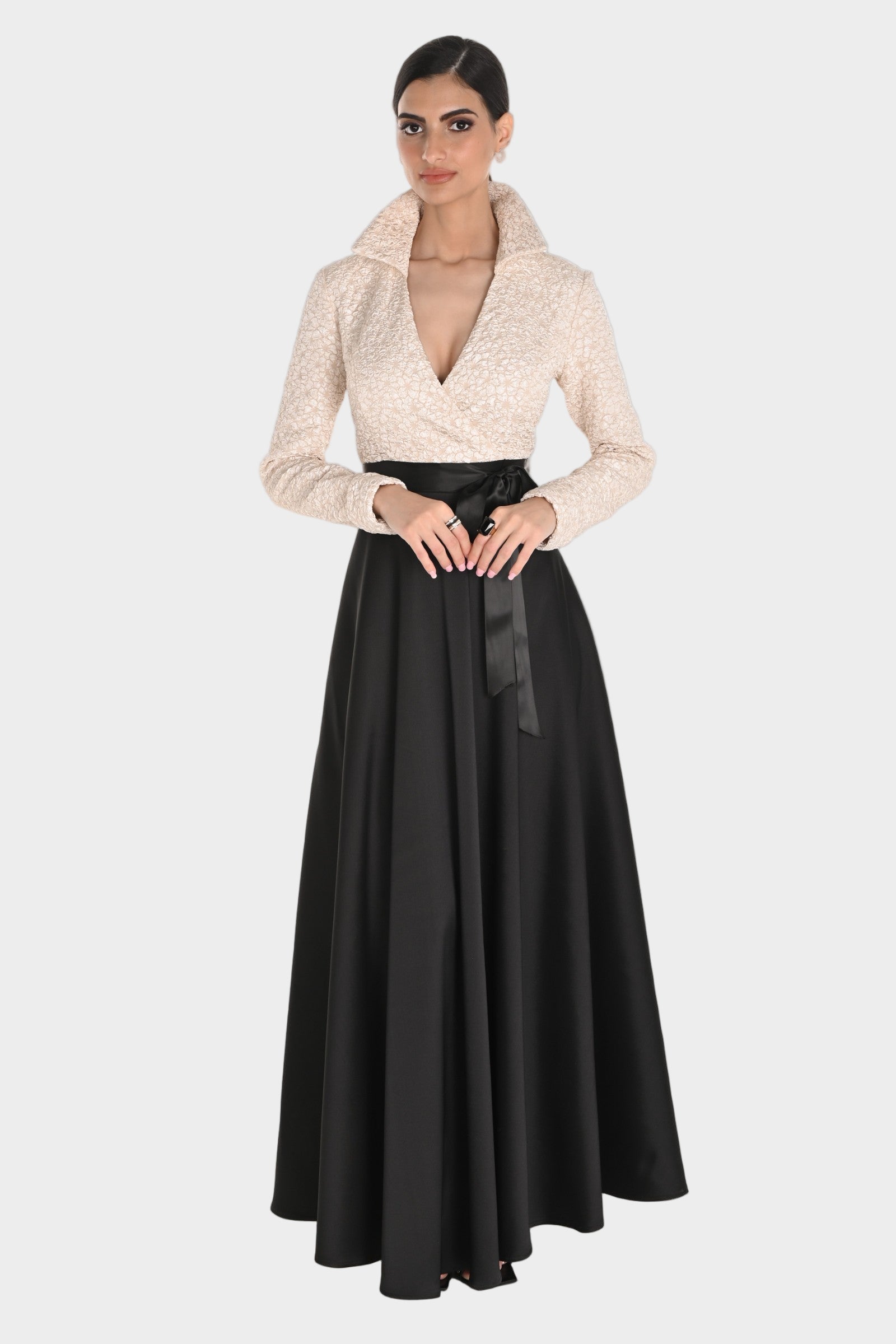 Embossed V-Neck Collared Gown with Mikado Skirt