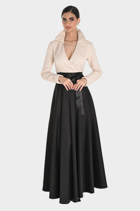 Embossed V-Neck Collared Gown with Mikado Skirt