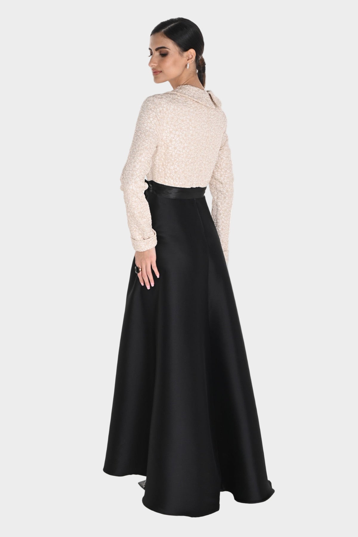 Embossed V-Neck Collared Gown with Mikado Skirt